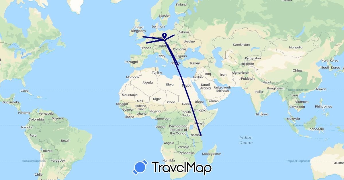 TravelMap itinerary: driving in Belgium, Czech Republic, Germany, France, United Kingdom, Greece, Poland, Tanzania (Africa, Europe)